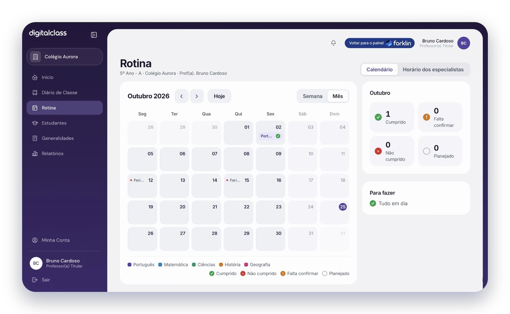 Painel do digitalclass: rotina do professor em calendário mensal